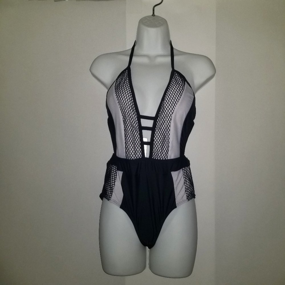 Oyanus Women L One Piece Swimsuit Black Gray Net Bikini Back Tie Top Deep V Neck